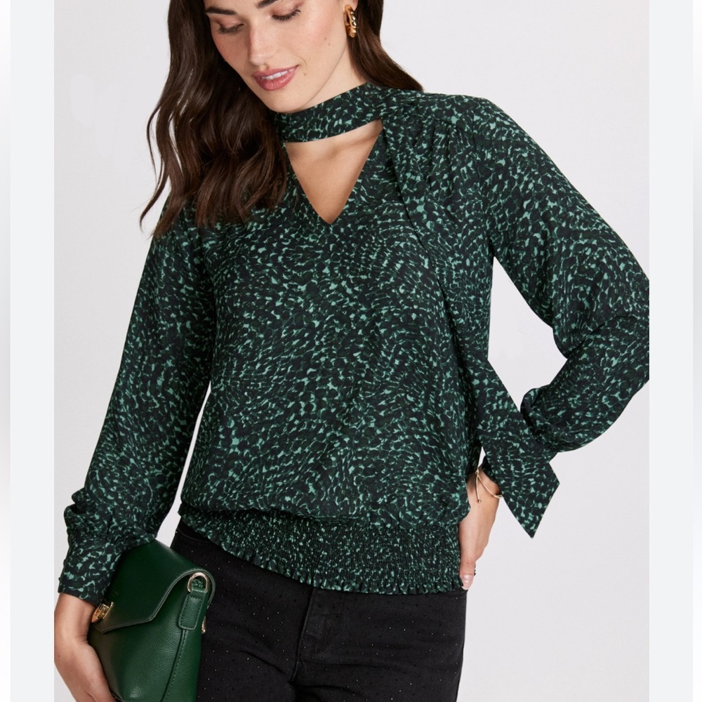 Laura Swirl Print Crepe Blouse Green Pattern